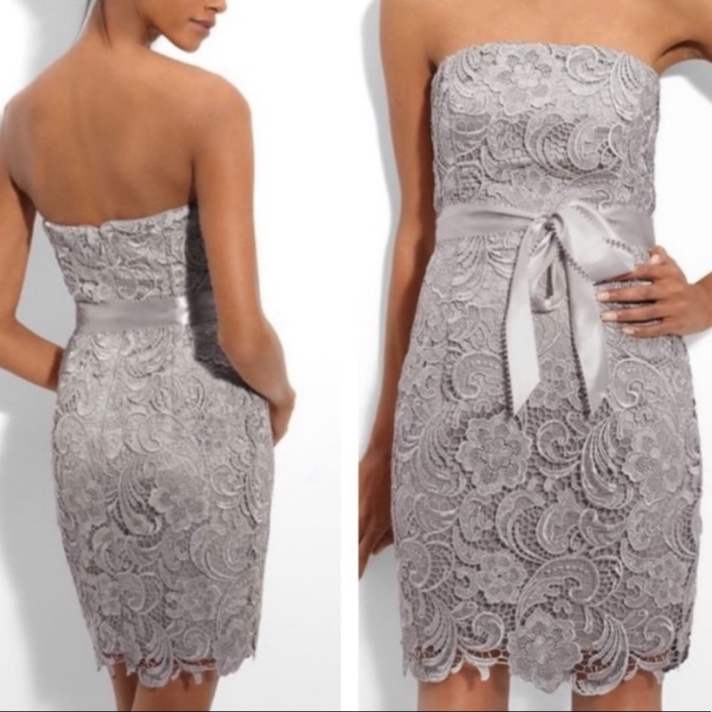 ADRIANNA PAPEL strapless, lace short evening dress